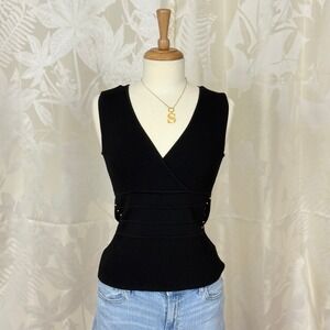 Y2K evie Black VNeck Wrap Ribbed Knit Sleeveless Top Womens Size S